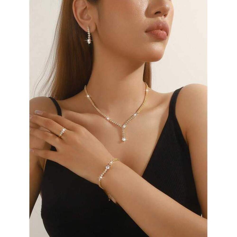 Zirconia Geometric Necklace, Earrings, Bracelet And Ring Jewelry Set Minimalist